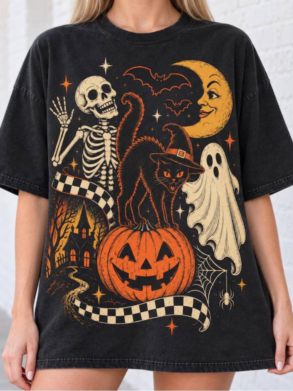 Comfort Black Halloween Graphic Tee with Orange & Cream Accents